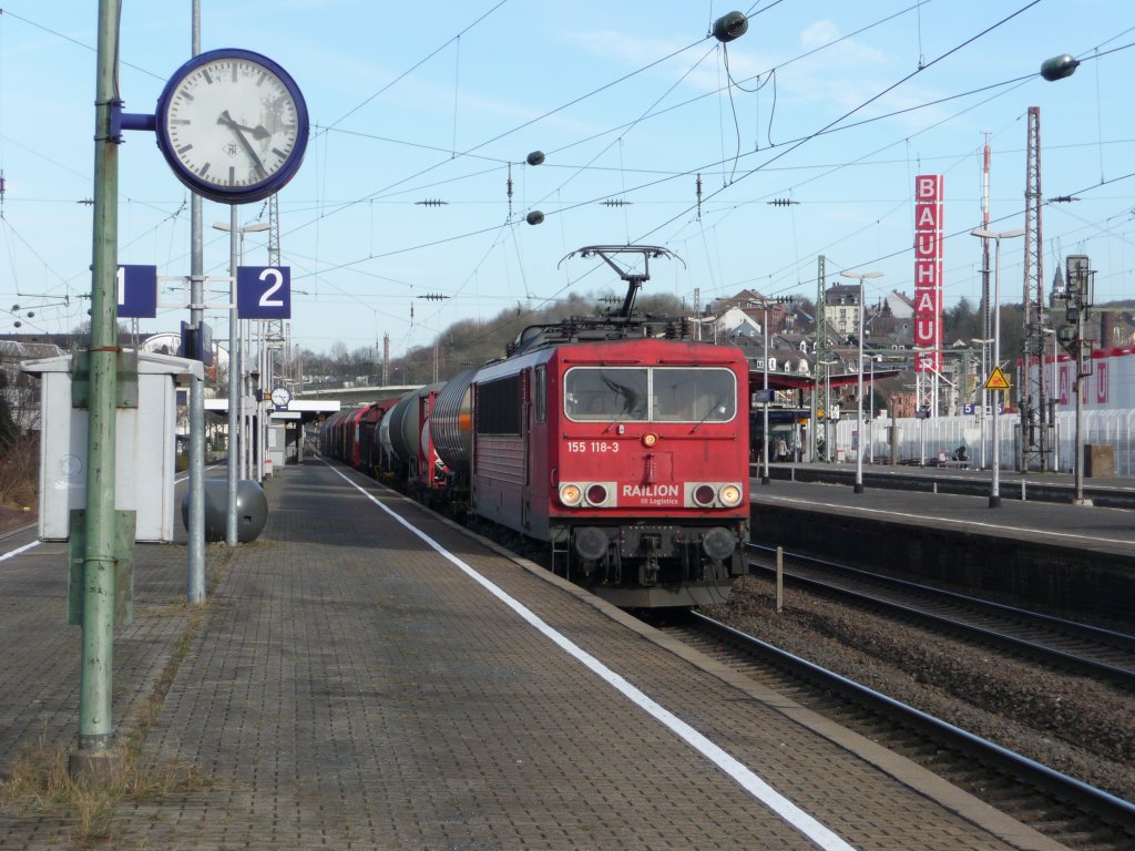 Am 03.03.2010 durchf�hrt 155 118 mit einem G�terzug Wuppertal-Oberbarmen.