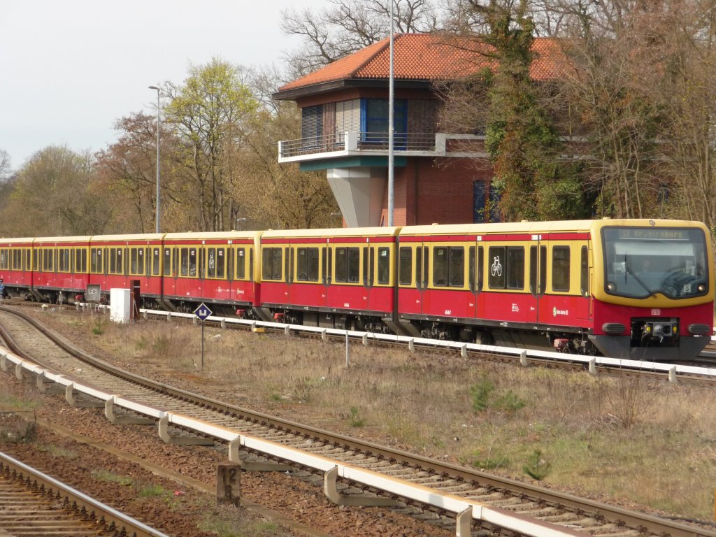 Eine Garnitur 481er f�hrt am 11.04.2012 in Berlin-Wannsee ein.
S1 -> Oranienburg