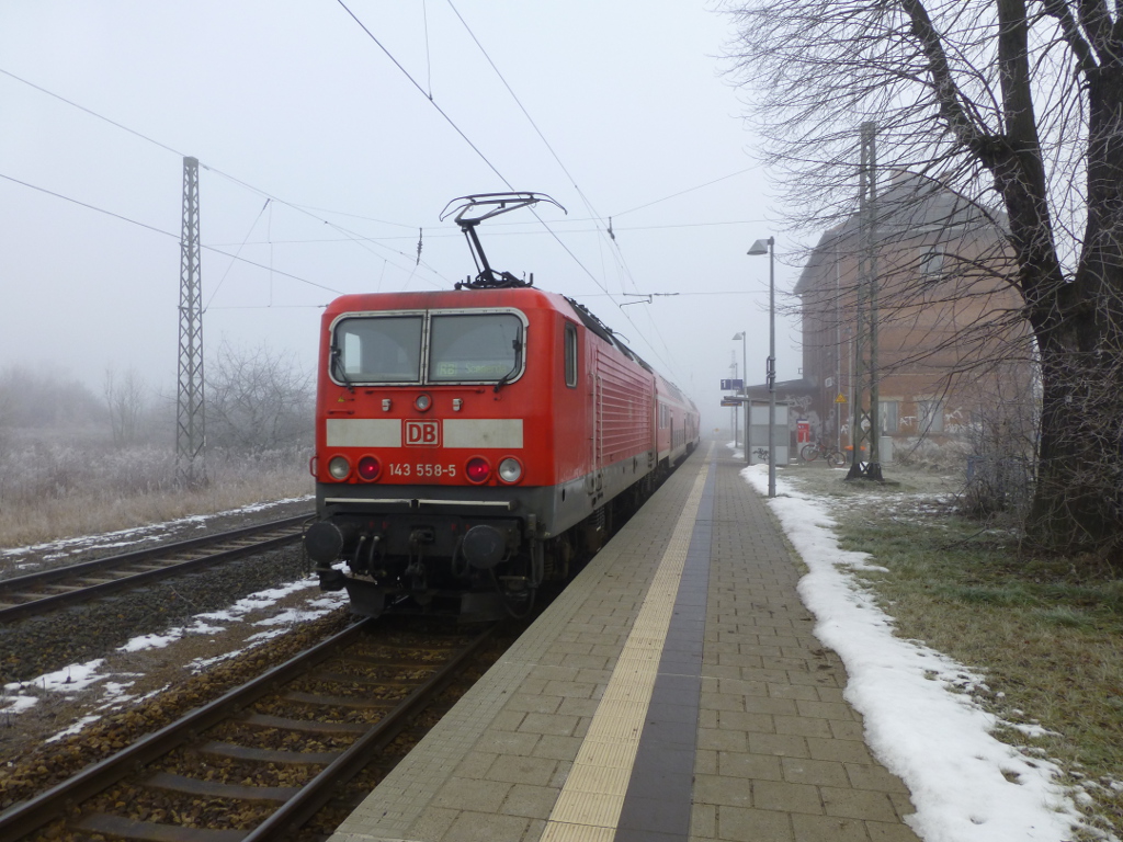 Am Morgen des 5.2.14 schiebt 143 558 eine 2-Dosto-RB von Erfurt nach S�mmerda, gerade ist sie in Gro�rudestedt.