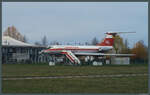 Die Tu-134 DDR-SCB der Interflug steht als Denkmal neben dem ehemaligen Terminal des Flughafens Magdeburg, das heute als Restaurant genutzt wird. 1985 war die Maschine nach einer harten Landung ausgemustert worden. (12.03.2023)
